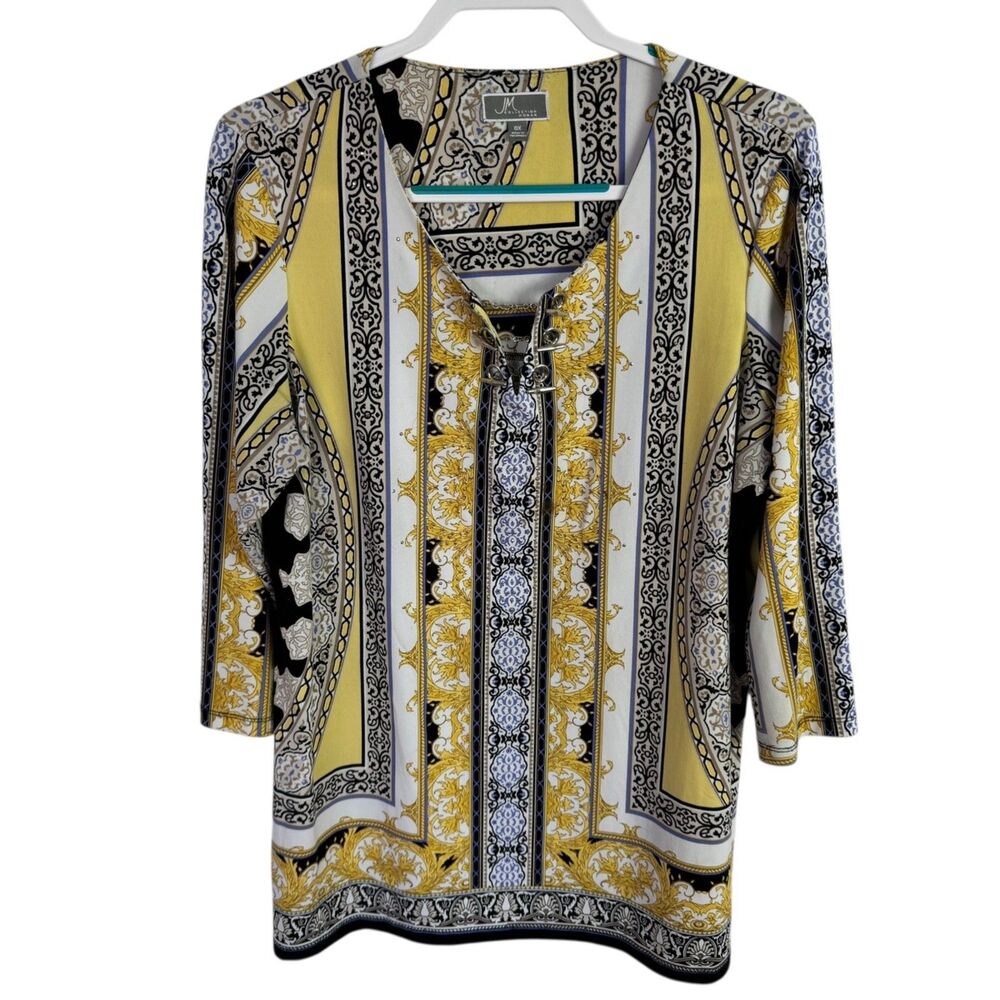 JM Collection Women's Tunic Top Blouse Size 0X Yellow/Black Print 3/4 Sleeves